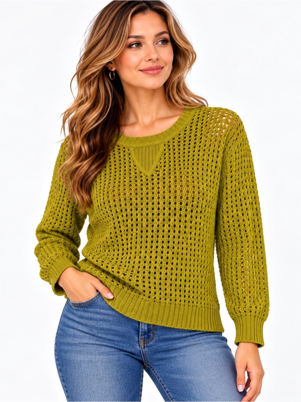 JEANNE PIERRE Open-Knit Scoop Neck Sweater in Olive